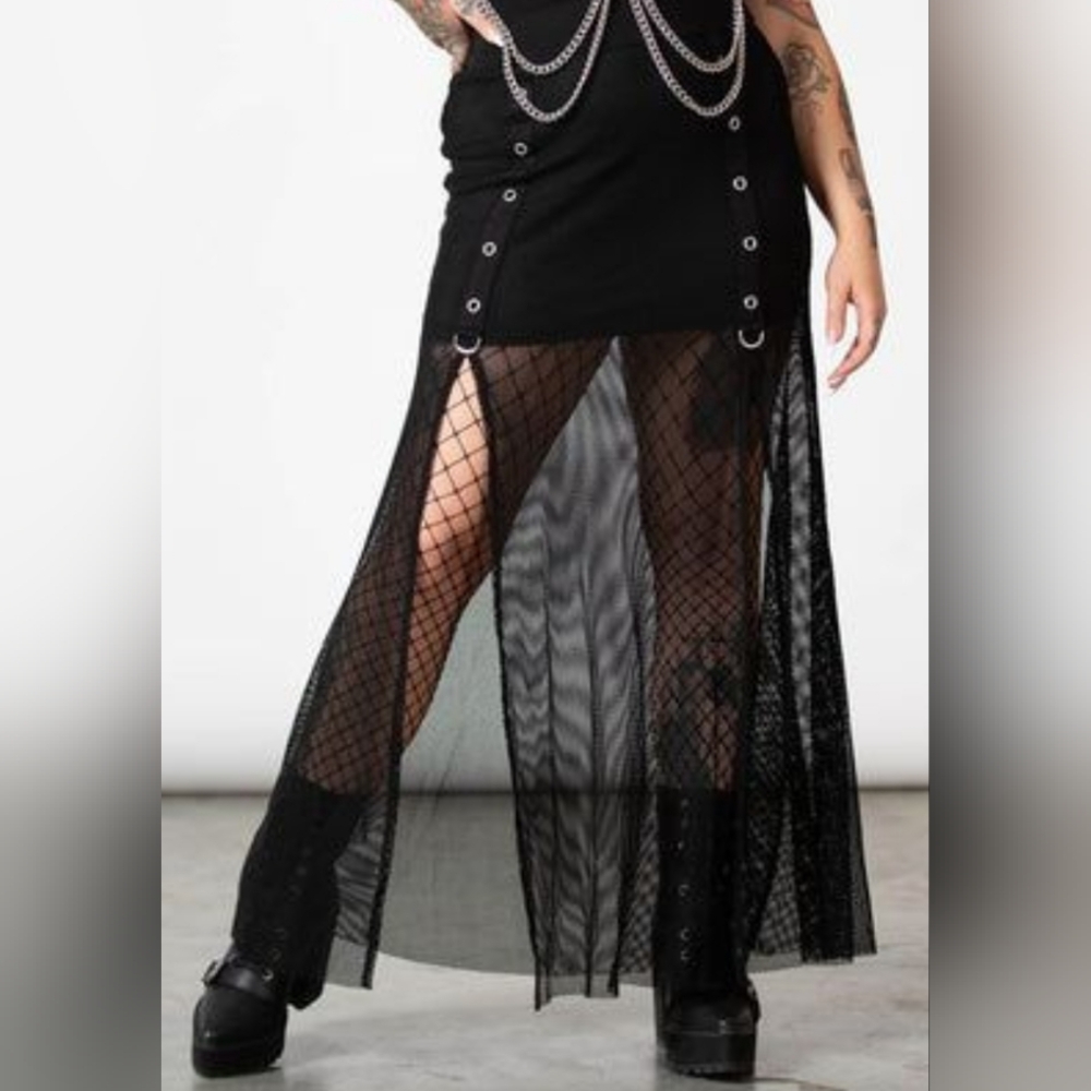 Killstar Paragon fishnet thigh-high slit maxi skirt MEDIUM